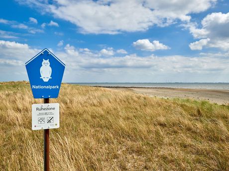 Informationsschild zum Nationalpark in den Dünen vor dem Wattenmeer
